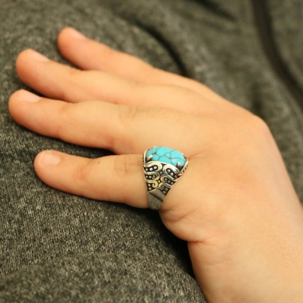 925 Sterling Silver Men's Rings Turquoise Stone - Picture 3 of 8